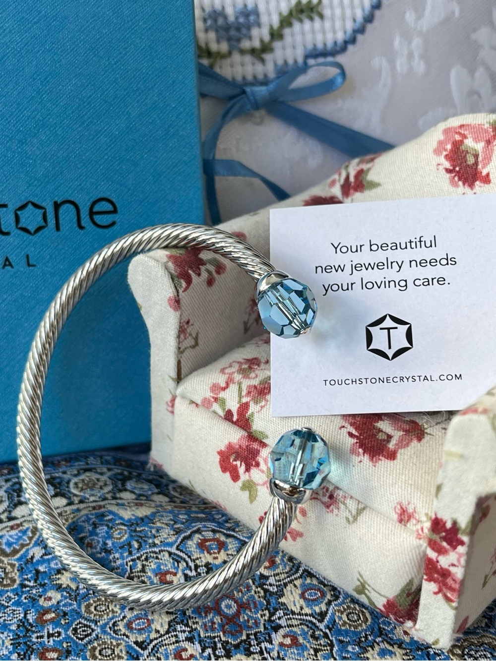 TSC Swarovski Crystal Silver Cuff with Sky Blue Crystal Ends, NIB